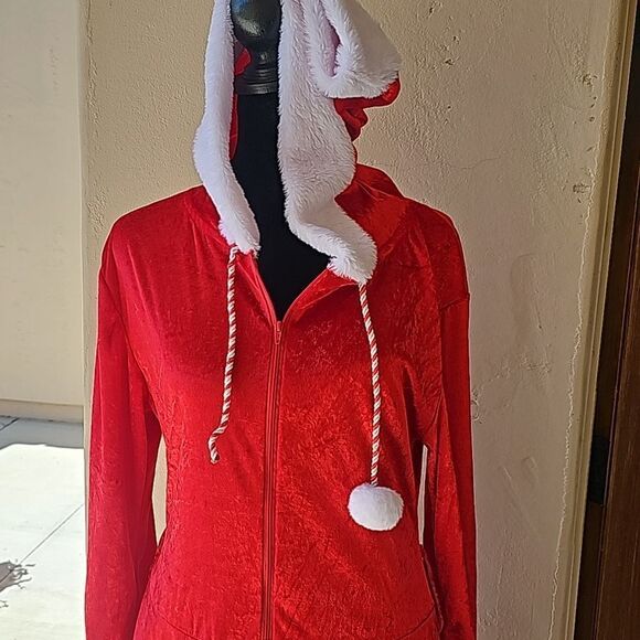 Mrs Claus costume has red zipper front dress with hood size small - Picture 1 of 13